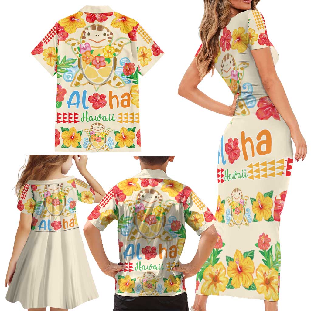 Kawaii Turtle Family Matching Short Sleeve Bodycon Dress and Hawaiian Shirt Aloha Hibiscus Flowers LT9 - Polynesian Pride