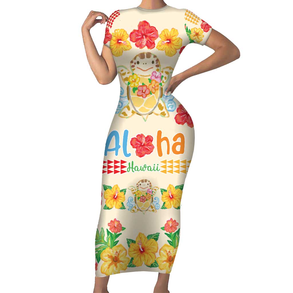 Kawaii Turtle Family Matching Short Sleeve Bodycon Dress and Hawaiian Shirt Aloha Hibiscus Flowers LT9 Mom's Dress Beige - Polynesian Pride