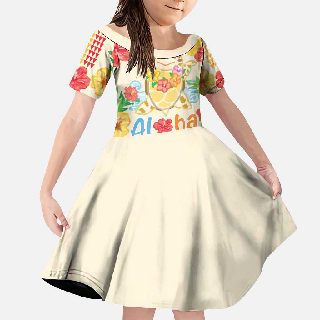Kawaii Turtle Family Matching Tank Maxi Dress and Hawaiian Shirt Aloha Hibiscus Flowers LT9 Daughter's Dress Beige - Polynesian Pride