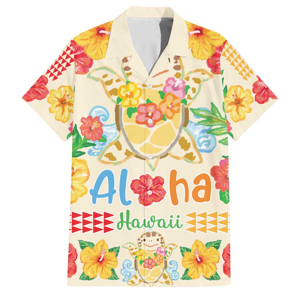 Kawaii Turtle Family Matching Tank Maxi Dress and Hawaiian Shirt Aloha Hibiscus Flowers LT9 Dad's Shirt - Short Sleeve Beige - Polynesian Pride