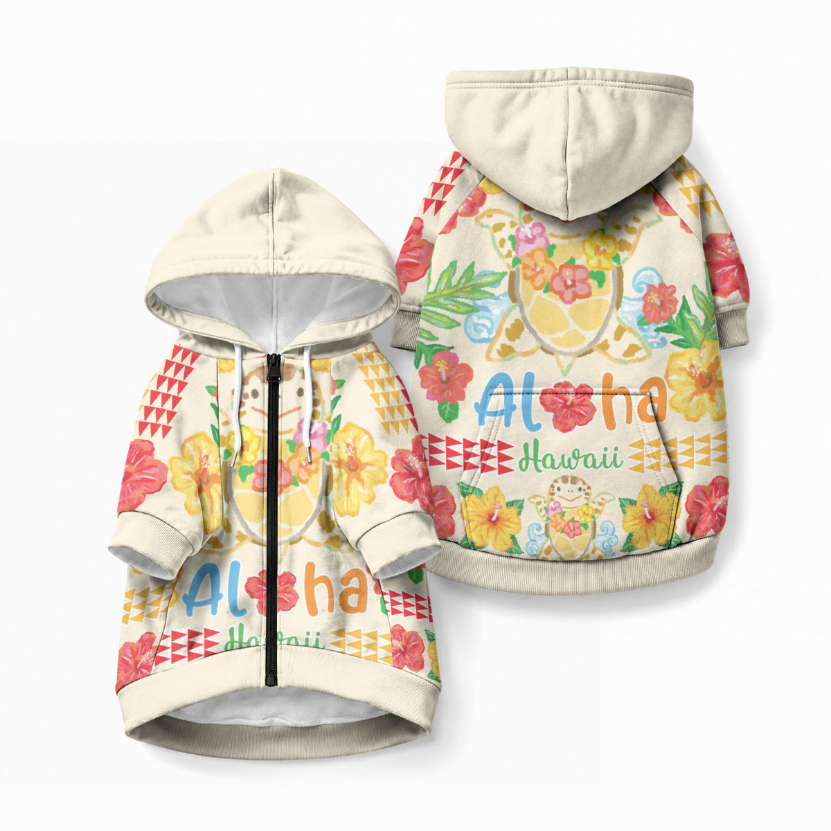 Kawaii Turtle Pet Hoodie Aloha Hibiscus Flowers LT9 Zip-up Beige - Polynesian Pride