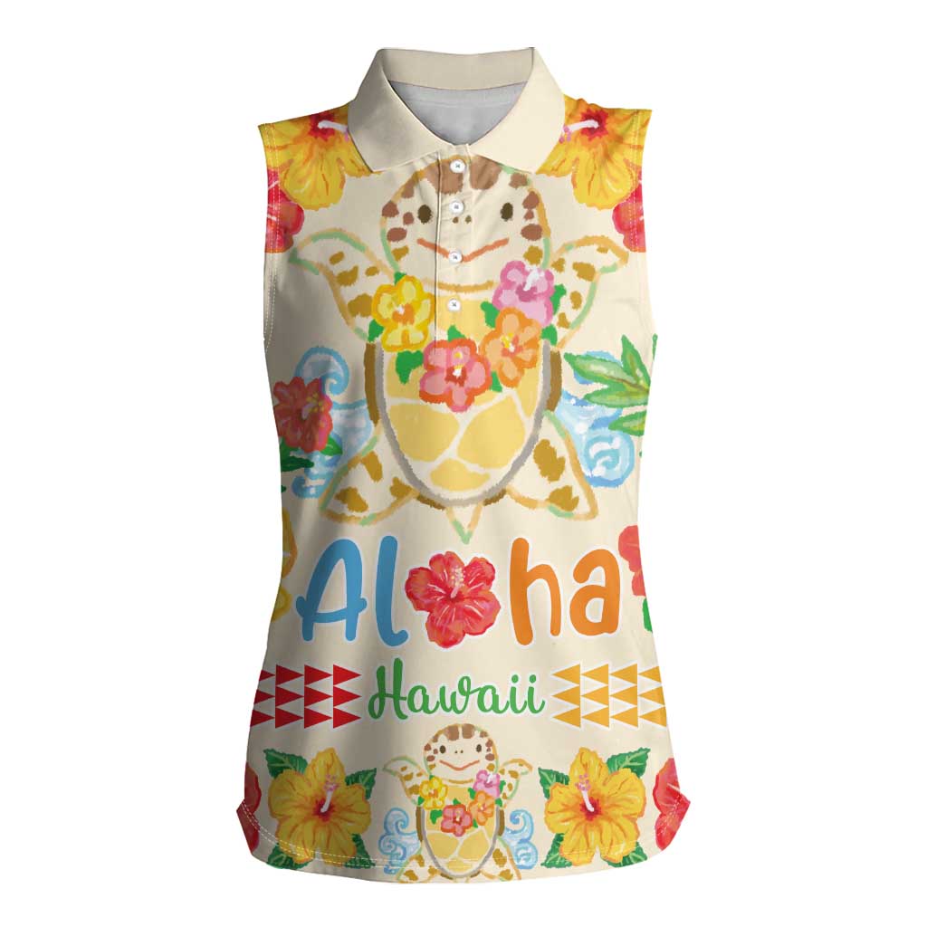 Kawaii Turtle Women Sleeveless Polo Shirt Aloha Hibiscus Flowers