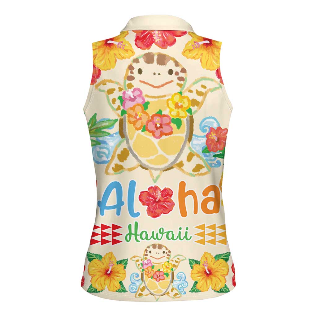 Kawaii Turtle Women Sleeveless Polo Shirt Aloha Hibiscus Flowers