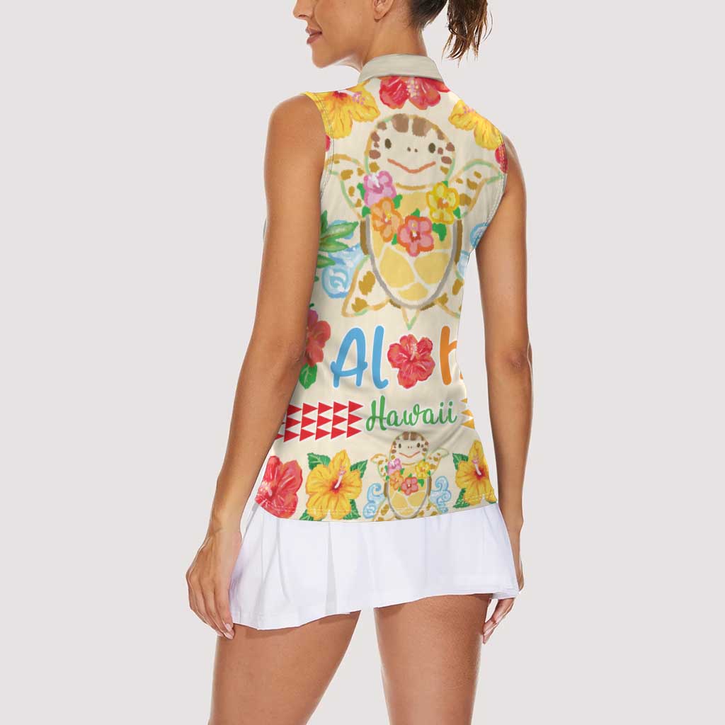 Kawaii Turtle Women Sleeveless Polo Shirt Aloha Hibiscus Flowers