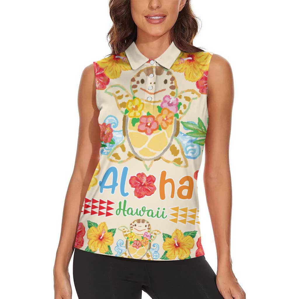 Kawaii Turtle Women Sleeveless Polo Shirt Aloha Hibiscus Flowers