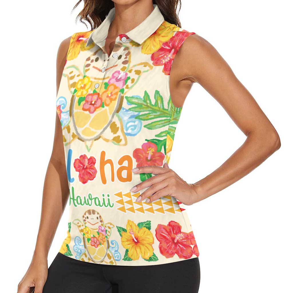 Kawaii Turtle Women Sleeveless Polo Shirt Aloha Hibiscus Flowers