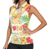 Kawaii Turtle Women Sleeveless Polo Shirt Aloha Hibiscus Flowers