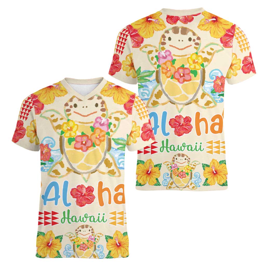 Kawaii Turtle Women V-Neck T-Shirt Aloha Hibiscus Flowers