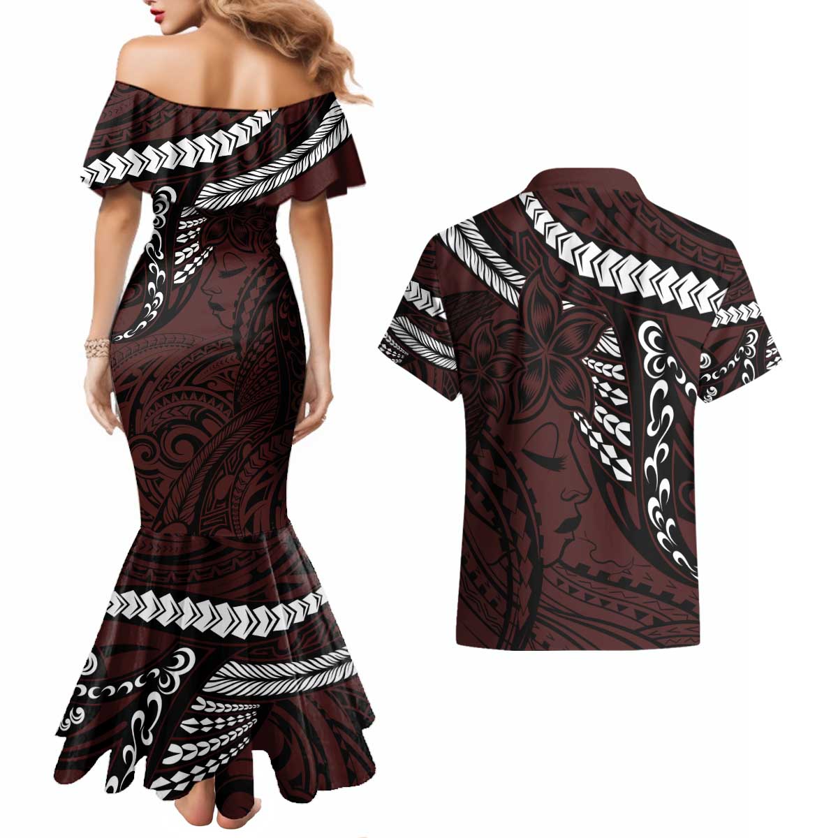 Polynesian Girl Tribal Tattoo Couples Matching Mermaid Dress and Hawaiian Shirt Oxbood Vibe LT9 - Polynesian Pride