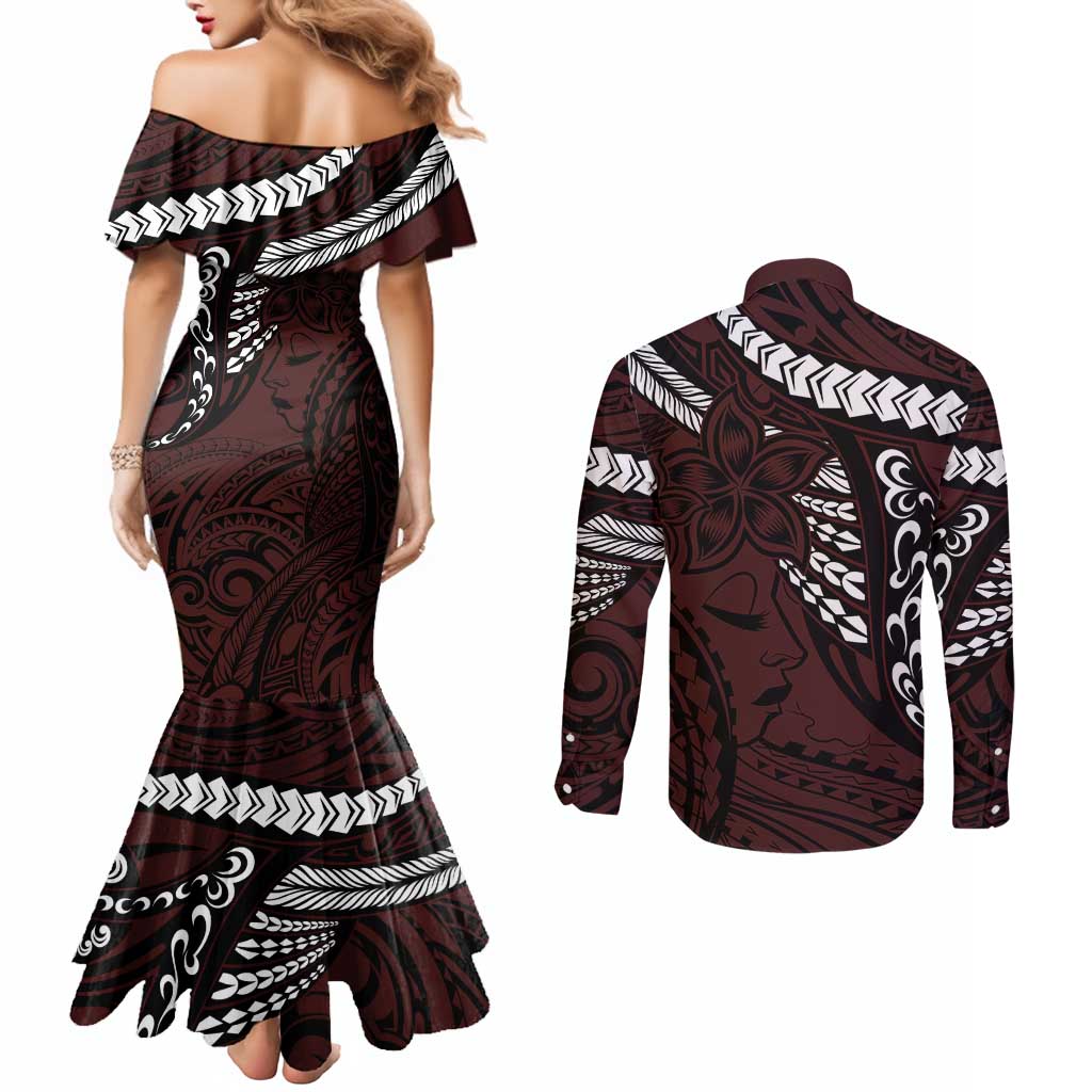 Polynesian Girl Tribal Tattoo Couples Matching Mermaid Dress and Long Sleeve Button Shirt Oxbood Vibe