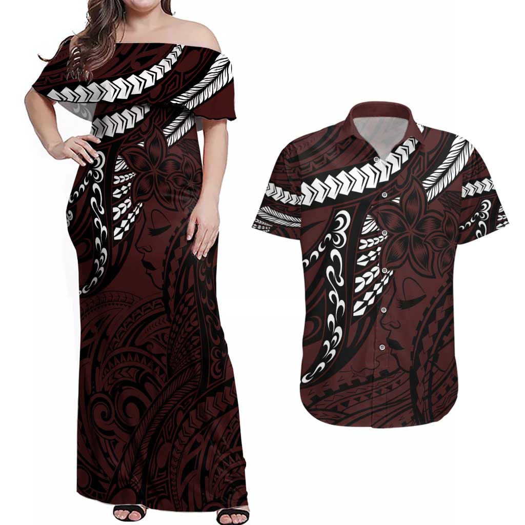 Polynesian Girl Tribal Tattoo Couples Matching Off Shoulder Maxi Dress and Hawaiian Shirt Oxbood Vibe LT9 Oxblood - Polynesian Pride