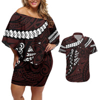 Polynesian Girl Tribal Tattoo Couples Matching Off Shoulder Short Dress and Hawaiian Shirt Oxbood Vibe