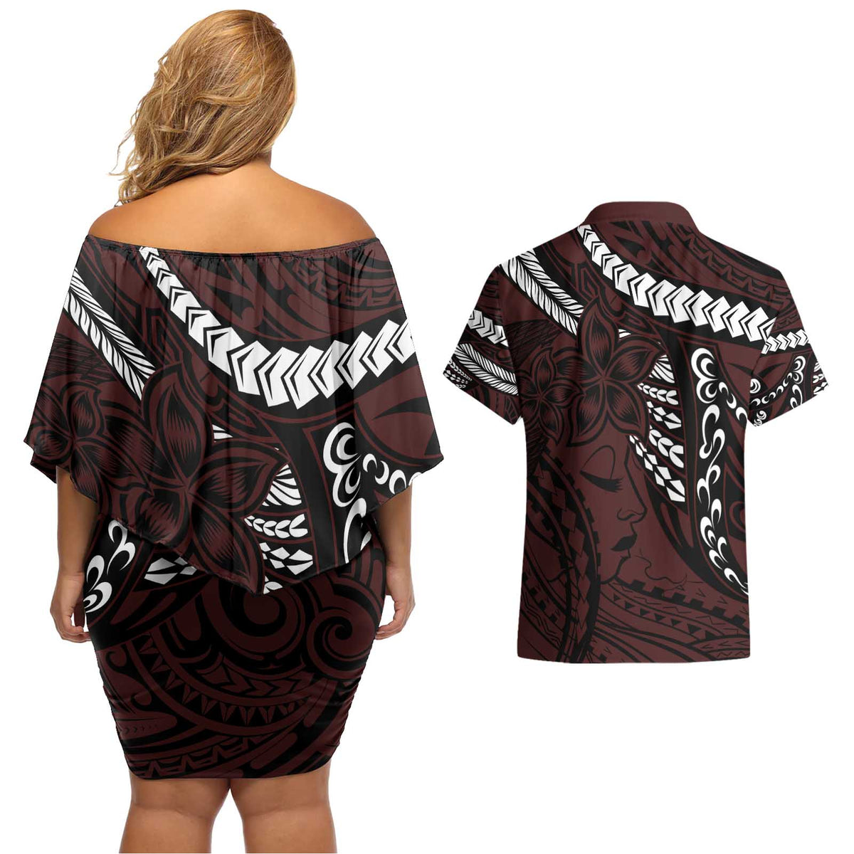 Polynesian Girl Tribal Tattoo Couples Matching Off Shoulder Short Dress and Hawaiian Shirt Oxbood Vibe