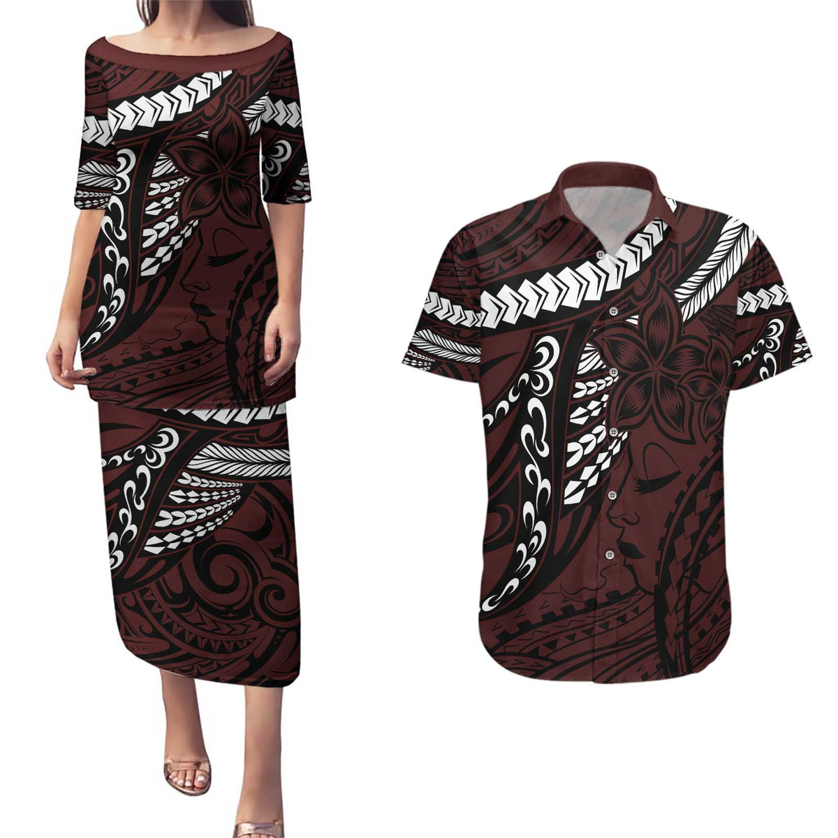 Polynesian Girl Tribal Tattoo Couples Matching Puletasi and Hawaiian Shirt Oxbood Vibe
