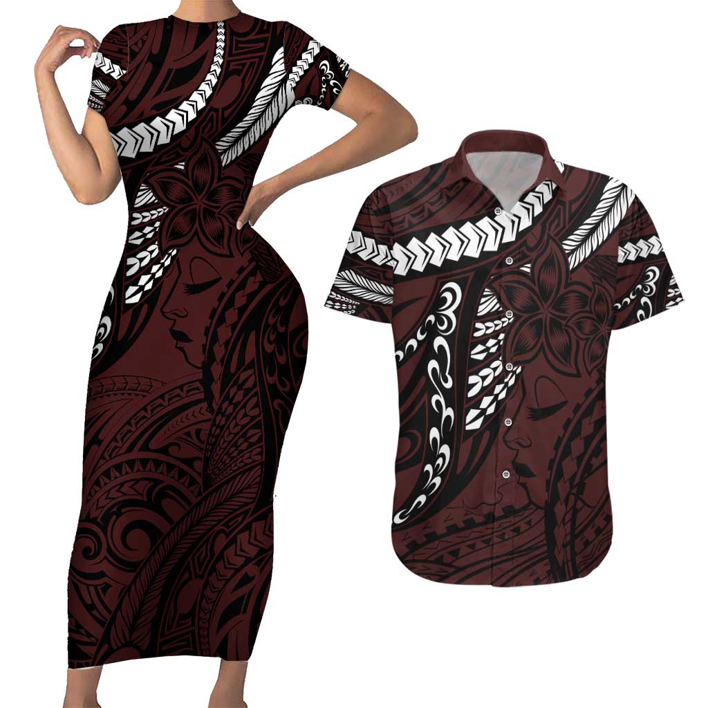 Polynesian Girl Tribal Tattoo Couples Matching Short Sleeve Bodycon Dress and Hawaiian Shirt Oxbood Vibe LT9 Oxblood - Polynesian Pride