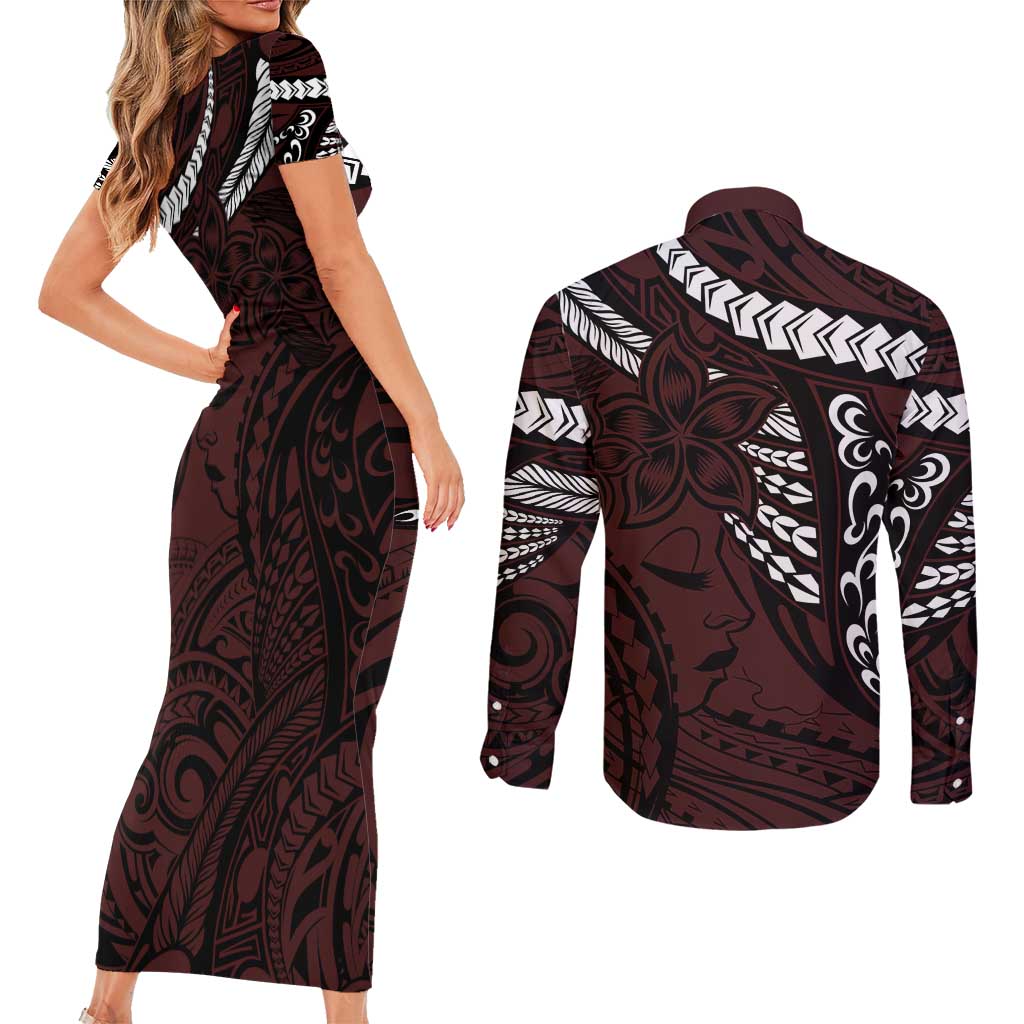 Polynesian Girl Tribal Tattoo Couples Matching Short Sleeve Bodycon Dress and Long Sleeve Button Shirt Oxbood Vibe