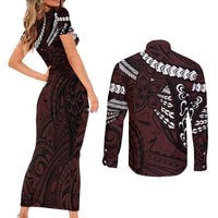 Polynesian Girl Tribal Tattoo Couples Matching Short Sleeve Bodycon Dress and Long Sleeve Button Shirt Oxbood Vibe