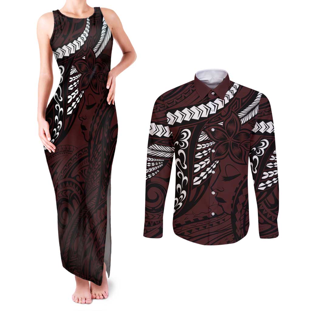 Polynesian Girl Tribal Tattoo Couples Matching Tank Maxi Dress and Long Sleeve Button Shirt Oxbood Vibe