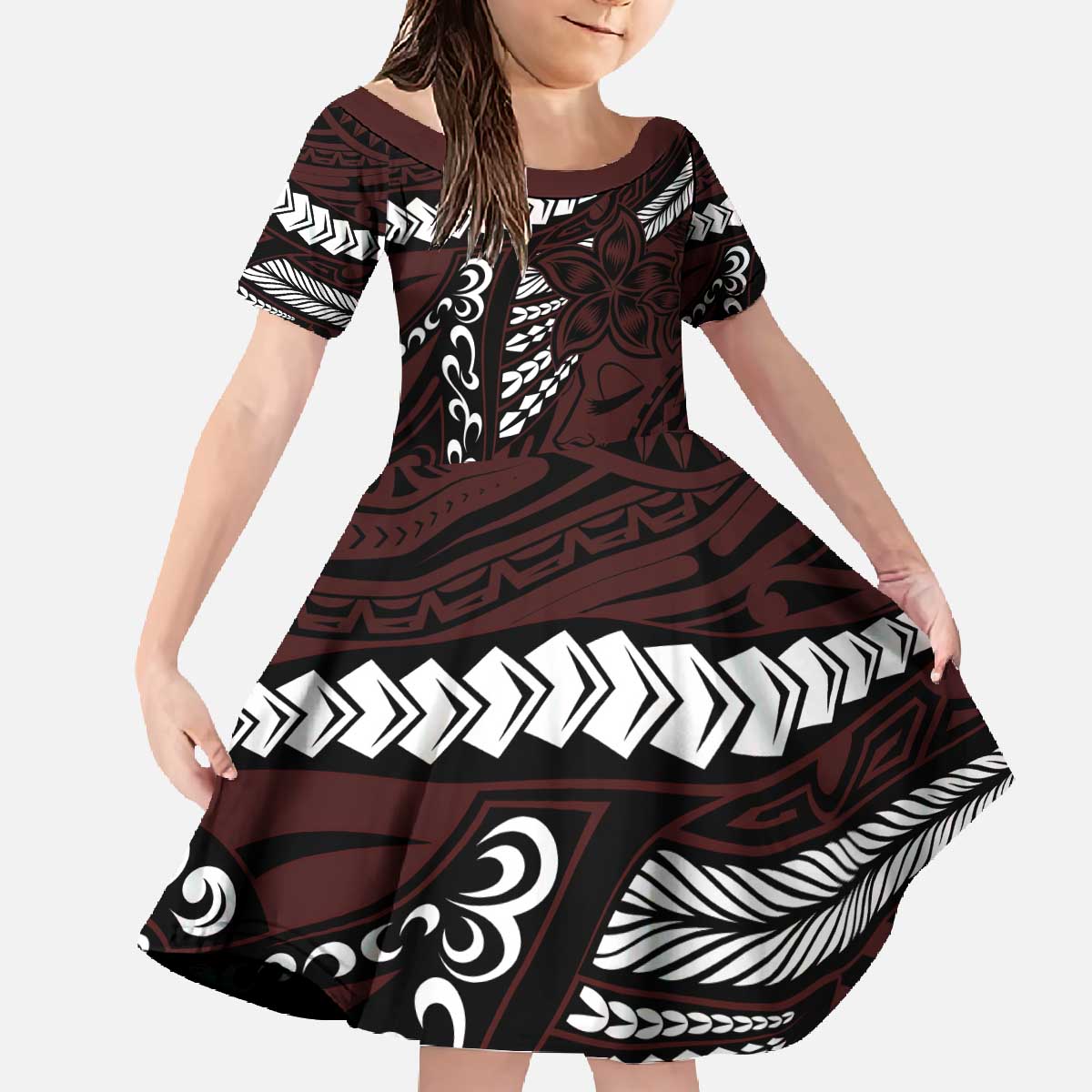Polynesian Girl Tribal Tattoo Family Matching Off The Shoulder Long Sleeve Dress and Hawaiian Shirt Oxbood Vibe LT9 Daughter's Dress Oxblood - Polynesian Pride