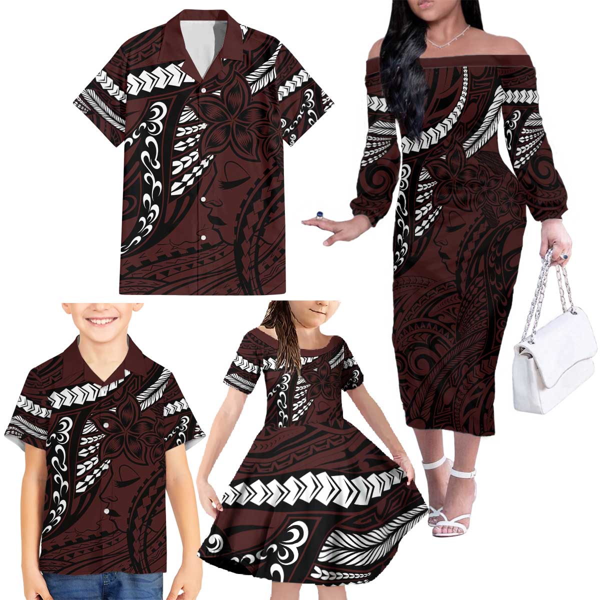 Polynesian Girl Tribal Tattoo Family Matching Off The Shoulder Long Sleeve Dress and Hawaiian Shirt Oxbood Vibe LT9 - Polynesian Pride