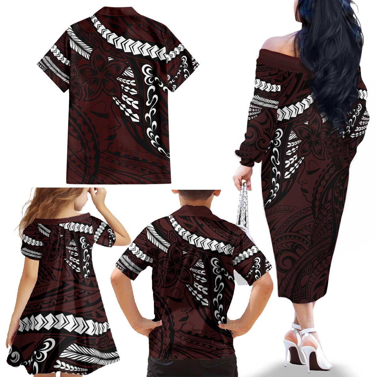 Polynesian Girl Tribal Tattoo Family Matching Off The Shoulder Long Sleeve Dress and Hawaiian Shirt Oxbood Vibe LT9 - Polynesian Pride