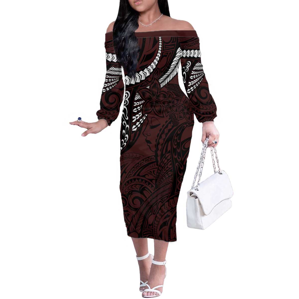 Polynesian Girl Tribal Tattoo Family Matching Off The Shoulder Long Sleeve Dress and Hawaiian Shirt Oxbood Vibe LT9 Mom's Dress Oxblood - Polynesian Pride