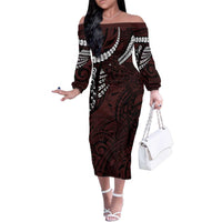 Polynesian Girl Tribal Tattoo Family Matching Off The Shoulder Long Sleeve Dress and Hawaiian Shirt Oxbood Vibe LT9 Mom's Dress Oxblood - Polynesian Pride