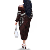 Polynesian Girl Tribal Tattoo Family Matching Off The Shoulder Long Sleeve Dress and Hawaiian Shirt Oxbood Vibe LT9 - Polynesian Pride
