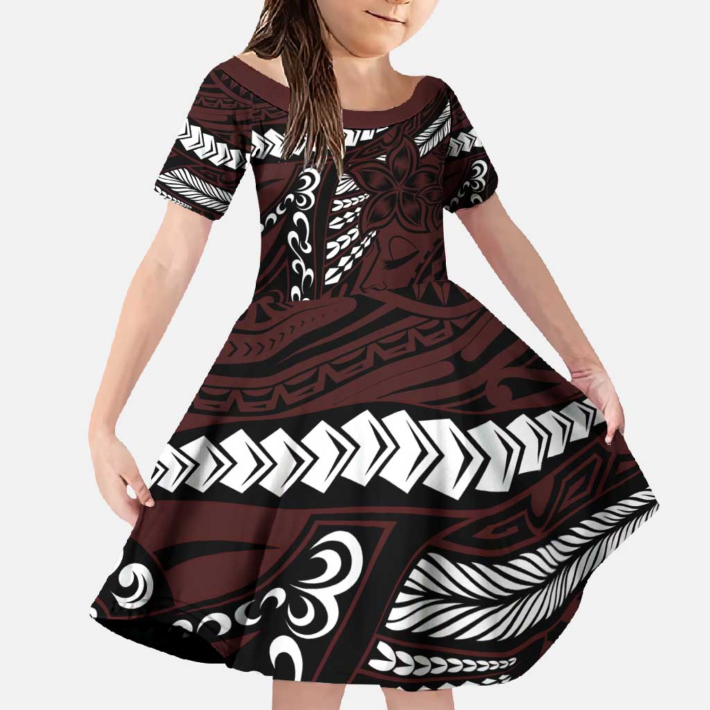 Polynesian Girl Tribal Tattoo Family Matching Off Shoulder Maxi Dress and Hawaiian Shirt Oxbood Vibe LT9 Daughter's Dress Oxblood - Polynesian Pride