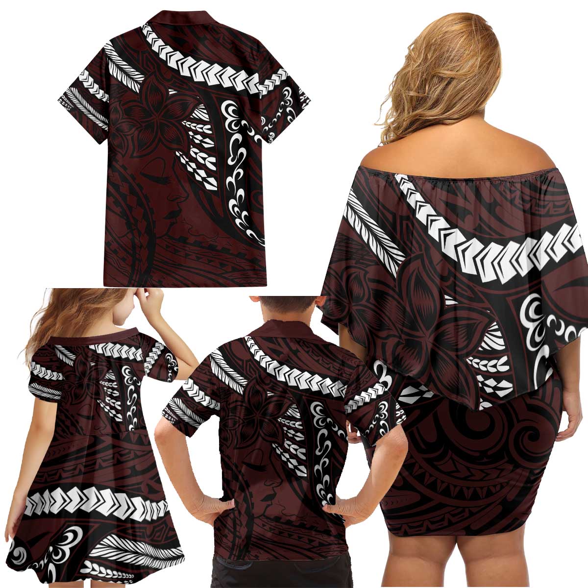 Polynesian Girl Tribal Tattoo Family Matching Off Shoulder Short Dress and Hawaiian Shirt Oxbood Vibe LT9 - Polynesian Pride