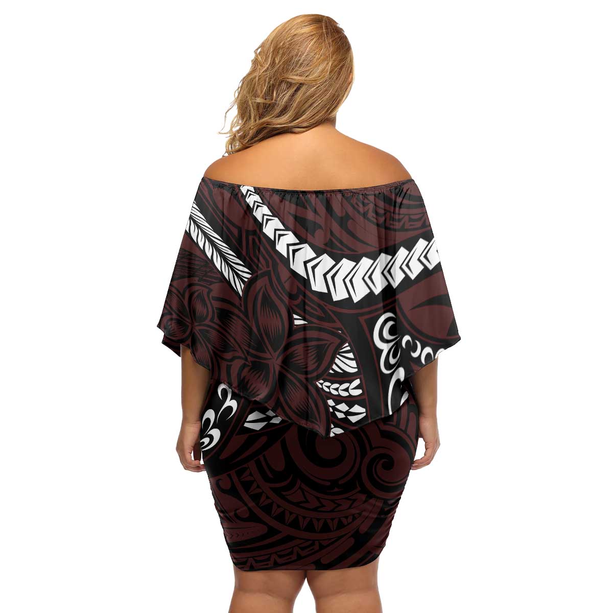 Polynesian Girl Tribal Tattoo Family Matching Off Shoulder Short Dress and Hawaiian Shirt Oxbood Vibe LT9 - Polynesian Pride