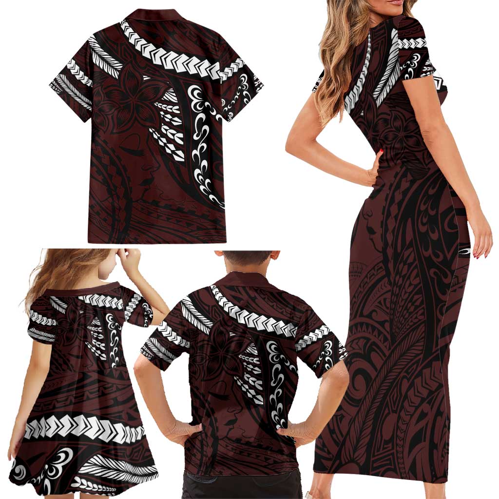Polynesian Girl Tribal Tattoo Family Matching Short Sleeve Bodycon Dress and Hawaiian Shirt Oxbood Vibe LT9 - Polynesian Pride
