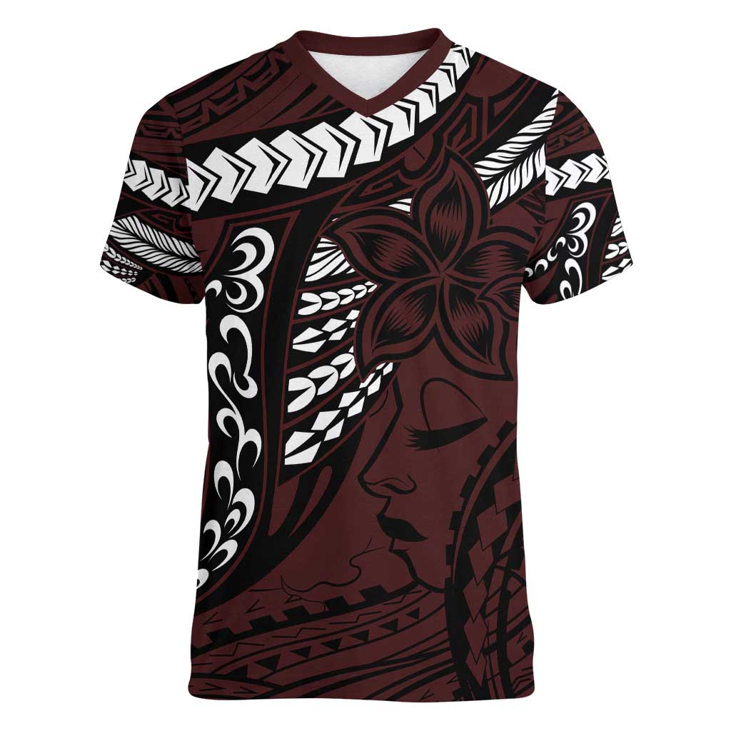 Polynesian Girl Tribal Tattoo Women V-Neck T-Shirt Oxbood Vibe