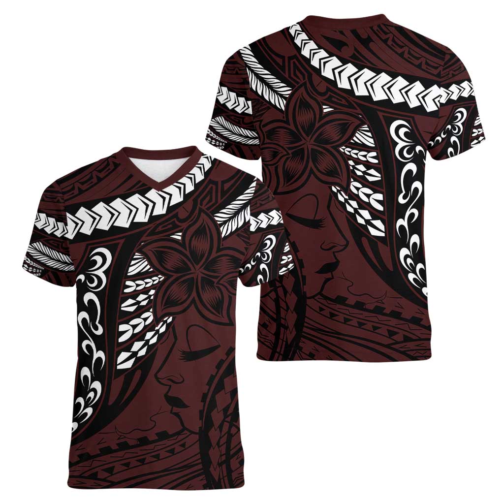 Polynesian Girl Tribal Tattoo Women V-Neck T-Shirt Oxbood Vibe