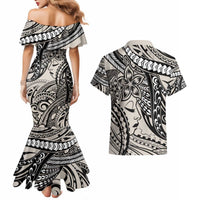 Polynesian Girl Tribal Tattoo Couples Matching Mermaid Dress and Hawaiian Shirt Beige Vibe LT9 - Polynesian Pride