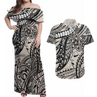 Polynesian Girl Tribal Tattoo Couples Matching Off Shoulder Maxi Dress and Hawaiian Shirt Beige Vibe LT9 Beige - Polynesian Pride