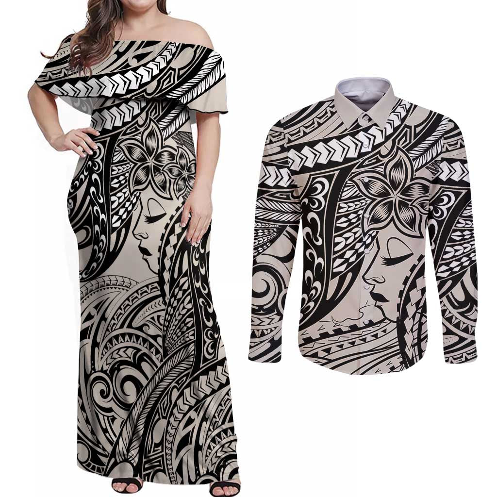 Polynesian Girl Tribal Tattoo Couples Matching Off Shoulder Maxi Dress and Long Sleeve Button Shirt Beige Vibe
