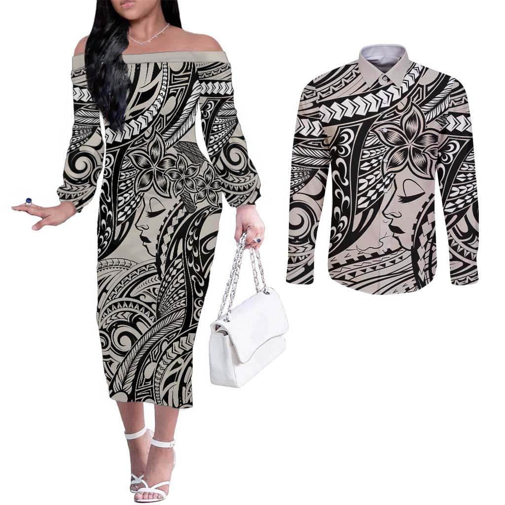 Polynesian Girl Tribal Tattoo Couples Matching Off The Shoulder Long Sleeve Dress and Long Sleeve Button Shirt Beige Vibe