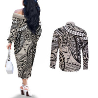Polynesian Girl Tribal Tattoo Couples Matching Off The Shoulder Long Sleeve Dress and Long Sleeve Button Shirt Beige Vibe