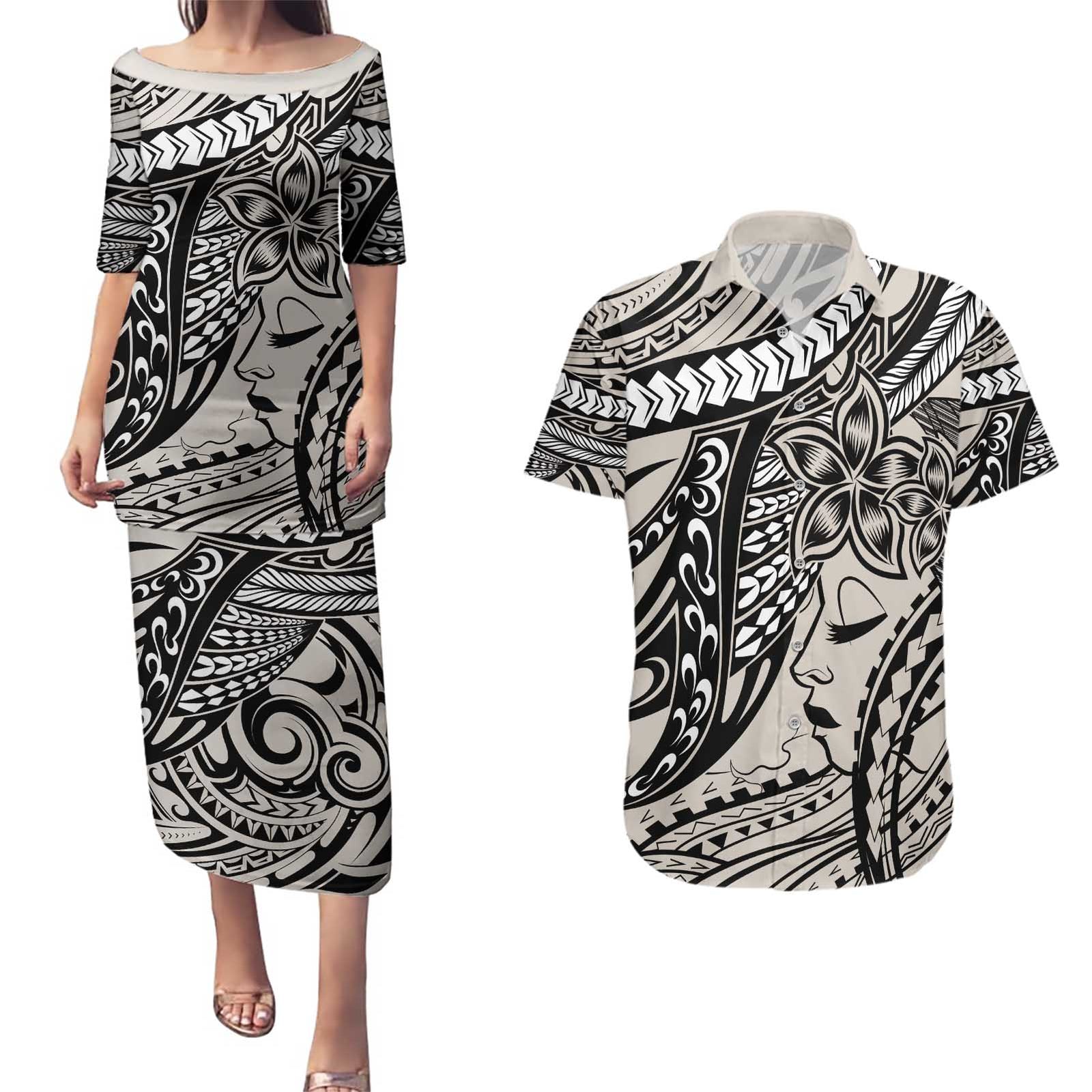 Polynesian Girl Tribal Tattoo Couples Matching Puletasi and Hawaiian Shirt Beige Vibe