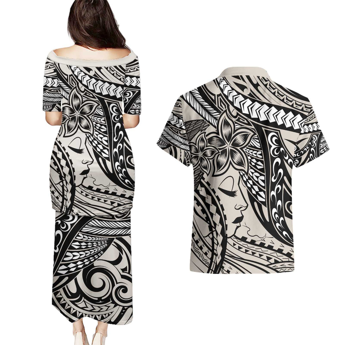 Polynesian Girl Tribal Tattoo Couples Matching Puletasi and Hawaiian Shirt Beige Vibe