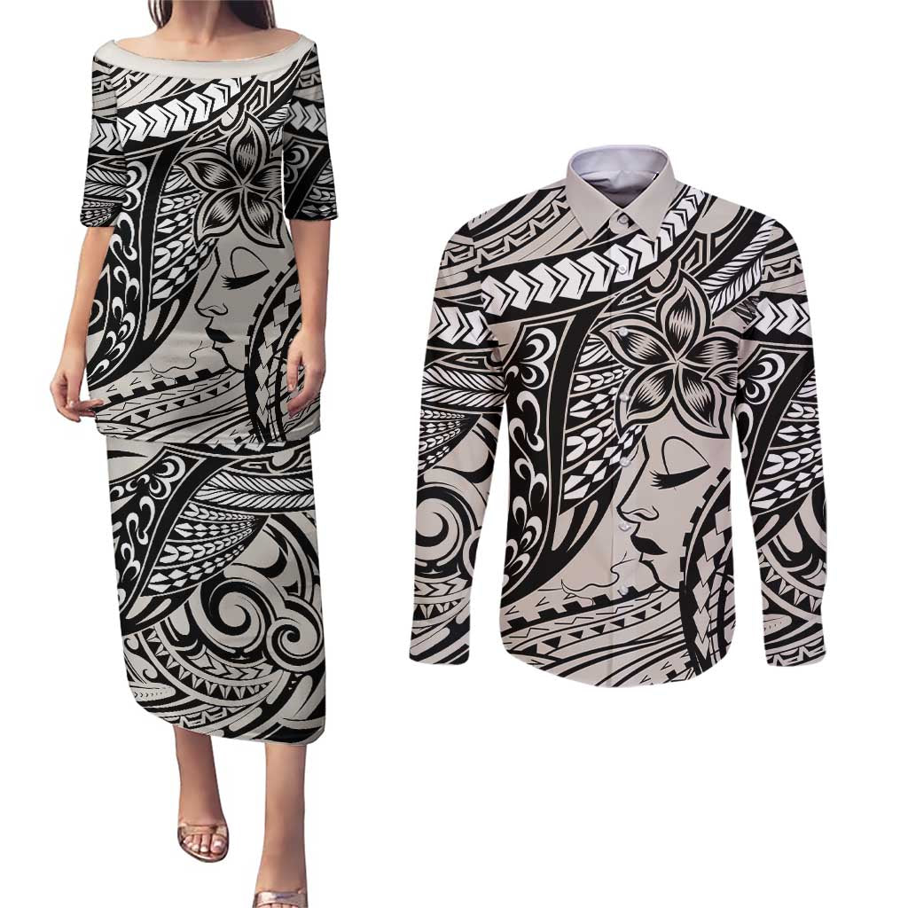 Polynesian Girl Tribal Tattoo Couples Matching Puletasi and Long Sleeve Button Shirt Beige Vibe