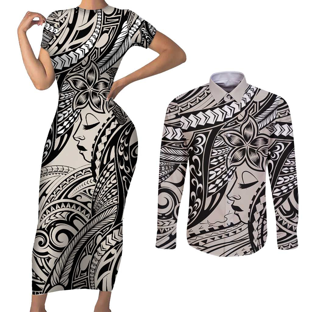 Polynesian Girl Tribal Tattoo Couples Matching Short Sleeve Bodycon Dress and Long Sleeve Button Shirt Beige Vibe