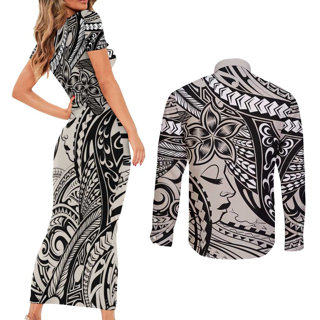 Polynesian Girl Tribal Tattoo Couples Matching Short Sleeve Bodycon Dress and Long Sleeve Button Shirt Beige Vibe