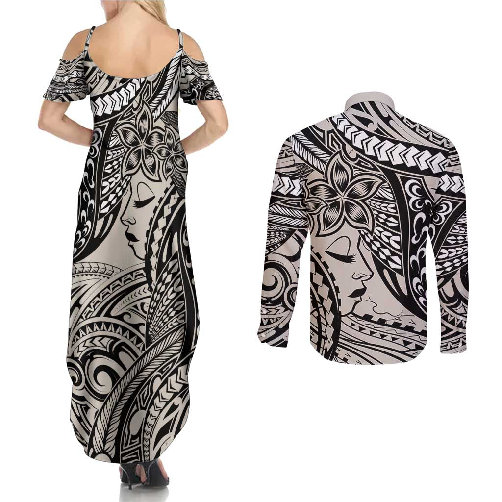 Polynesian Girl Tribal Tattoo Couples Matching Summer Maxi Dress and Long Sleeve Button Shirt Beige Vibe