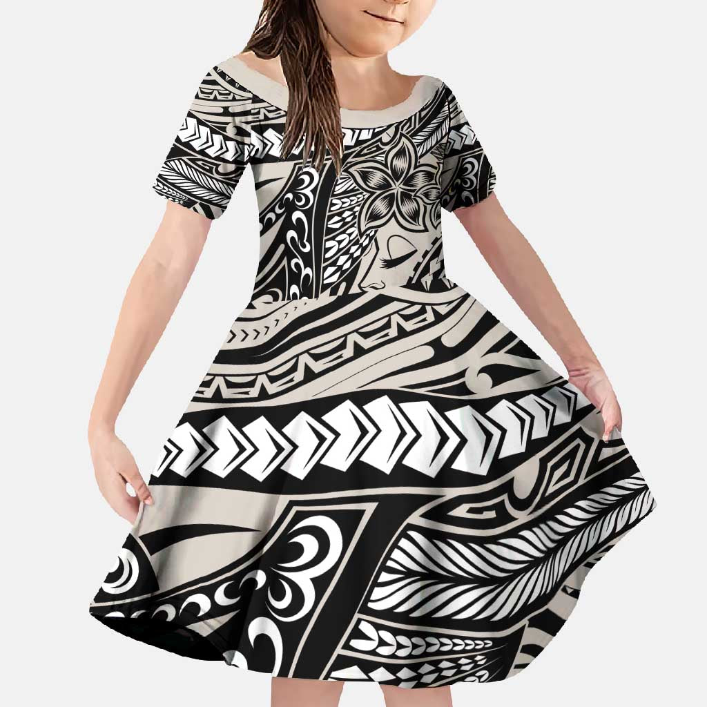 Polynesian Girl Tribal Tattoo Family Matching Long Sleeve Bodycon Dress and Hawaiian Shirt Beige Vibe LT9 Daughter's Dress Beige - Polynesian Pride