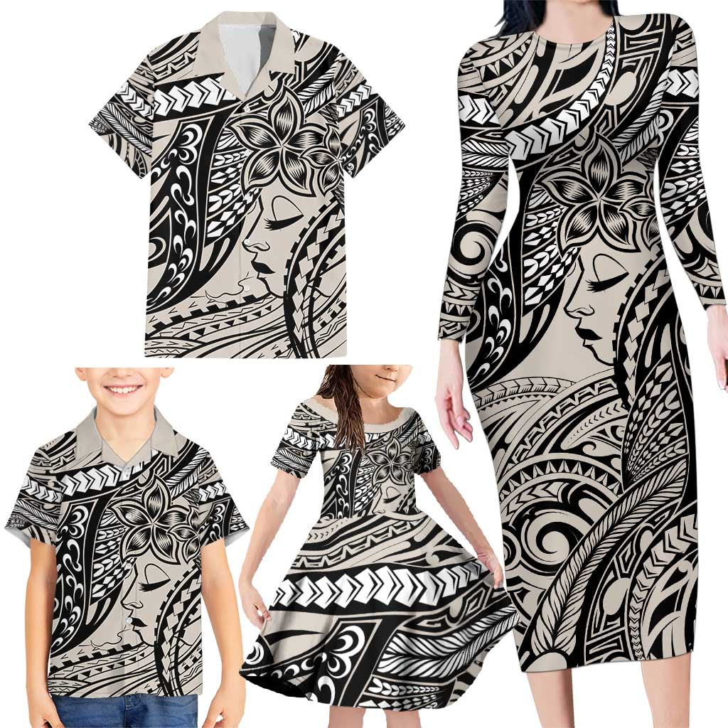 Polynesian Girl Tribal Tattoo Family Matching Long Sleeve Bodycon Dress and Hawaiian Shirt Beige Vibe LT9 - Polynesian Pride