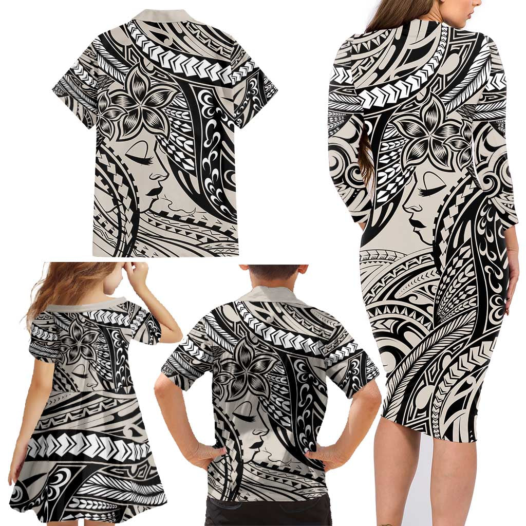 Polynesian Girl Tribal Tattoo Family Matching Long Sleeve Bodycon Dress and Hawaiian Shirt Beige Vibe LT9 - Polynesian Pride