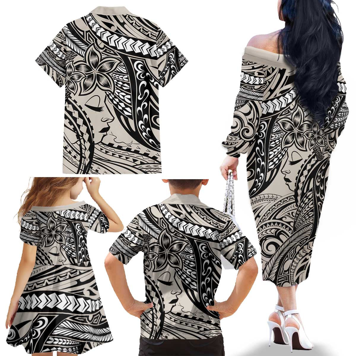 Polynesian Girl Tribal Tattoo Family Matching Off The Shoulder Long Sleeve Dress and Hawaiian Shirt Beige Vibe LT9 - Polynesian Pride