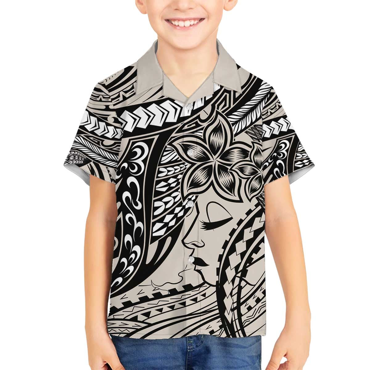 Polynesian Girl Tribal Tattoo Family Matching Off The Shoulder Long Sleeve Dress and Hawaiian Shirt Beige Vibe LT9 Son's Shirt Beige - Polynesian Pride